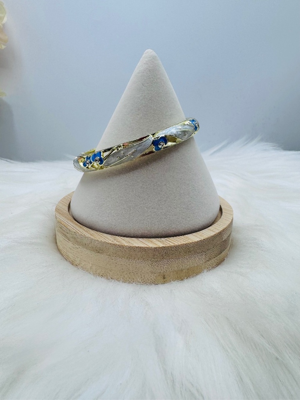 Gold Tone Blue Floral Enamel Bangle Bracelet